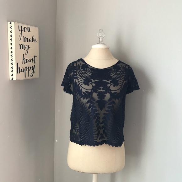 Express Tops - EXPRESS LACE EMBROIDERED TOP BLOUSE NAVY XS